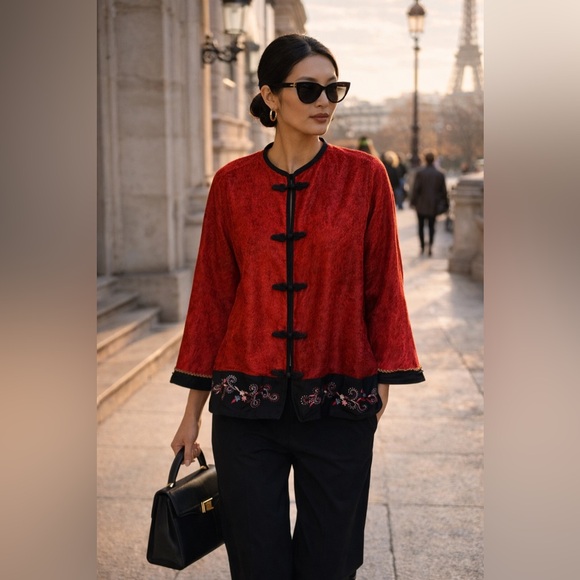 Tops - Asian Inspired 100% Silk Red Top Embroidered Hem XXL Festival Lightweight Chic